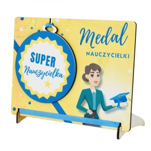 Medal drewno podstawka Super Nauczycielka Żółty