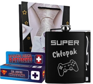 Zestaw Dzień Chłopaka - piersiówka super chłopak + żel + torebka