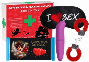 Zestaw Walentynki - APTECZKA EROTYCZNA Wibrator + opaska + kajdanki + czekolada