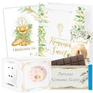 Zestaw na Komunię Świętą - Skarbonka, Torebka, Kartka, Ciastko, Czekolada