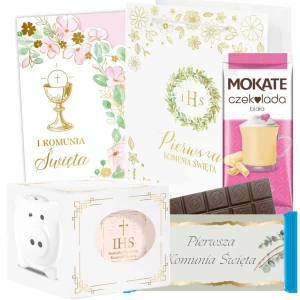Zestaw na Komunię Świętą - Skarbonka, Torebka, Kartka, Mokate, Czekolada