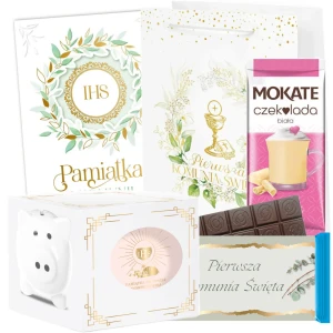 Zestaw na Komunię Świętą - Skarbonka, Torebka, Kartka, Mokate, Czekolada